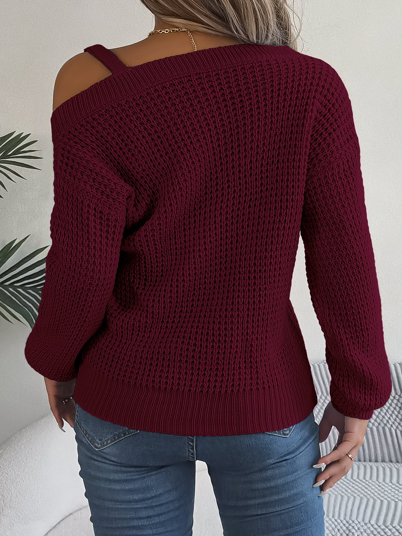 Autumn Winter Sexy Metal Buckle Off Shoulder Sweater Solid Color Slash Neck Lantern Long Sleeves Knitted Pullovers Women Clothes