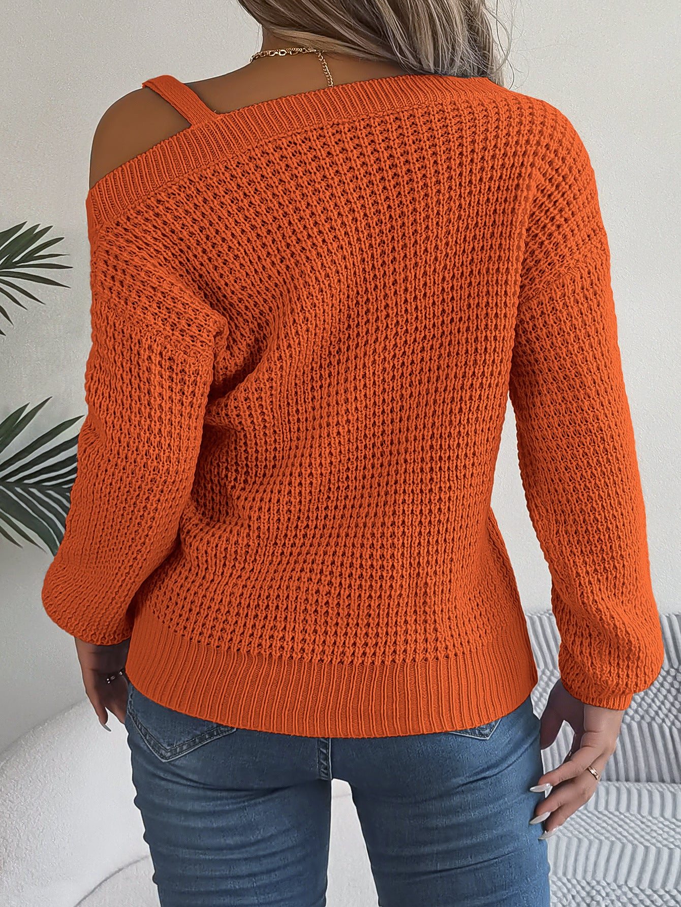 Autumn Winter Sexy Metal Buckle Off Shoulder Sweater Solid Color Slash Neck Lantern Long Sleeves Knitted Pullovers Women Clothes