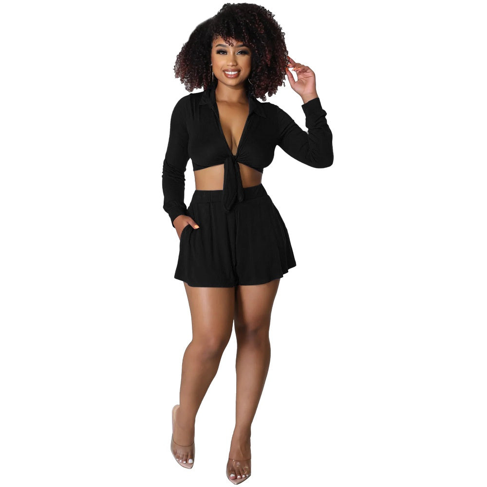 Long-Sleeve Tie-Front Crop Top and Skirt Set for Women