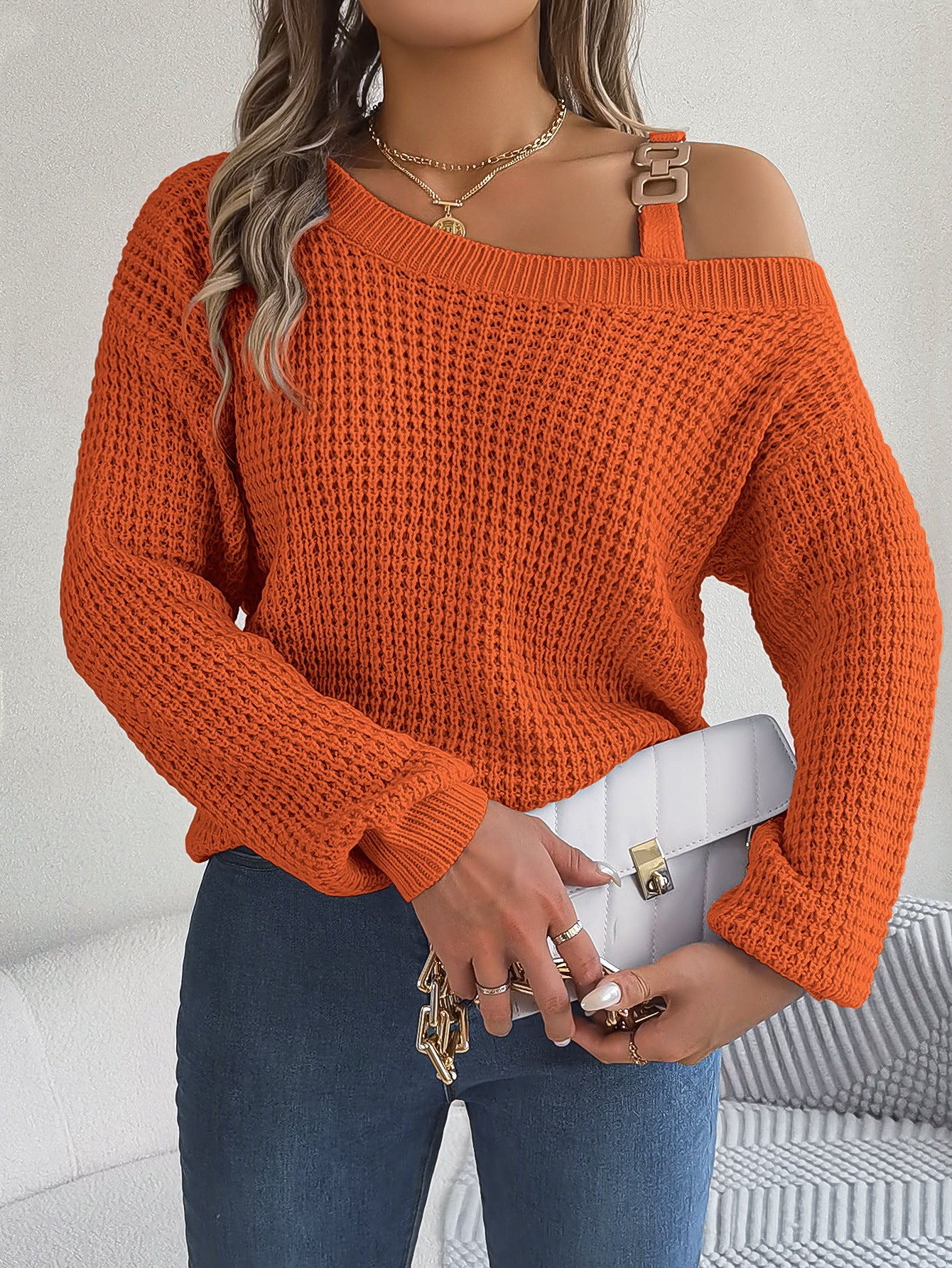 Autumn Winter Sexy Metal Buckle Off Shoulder Sweater Solid Color Slash Neck Lantern Long Sleeves Knitted Pullovers Women Clothes