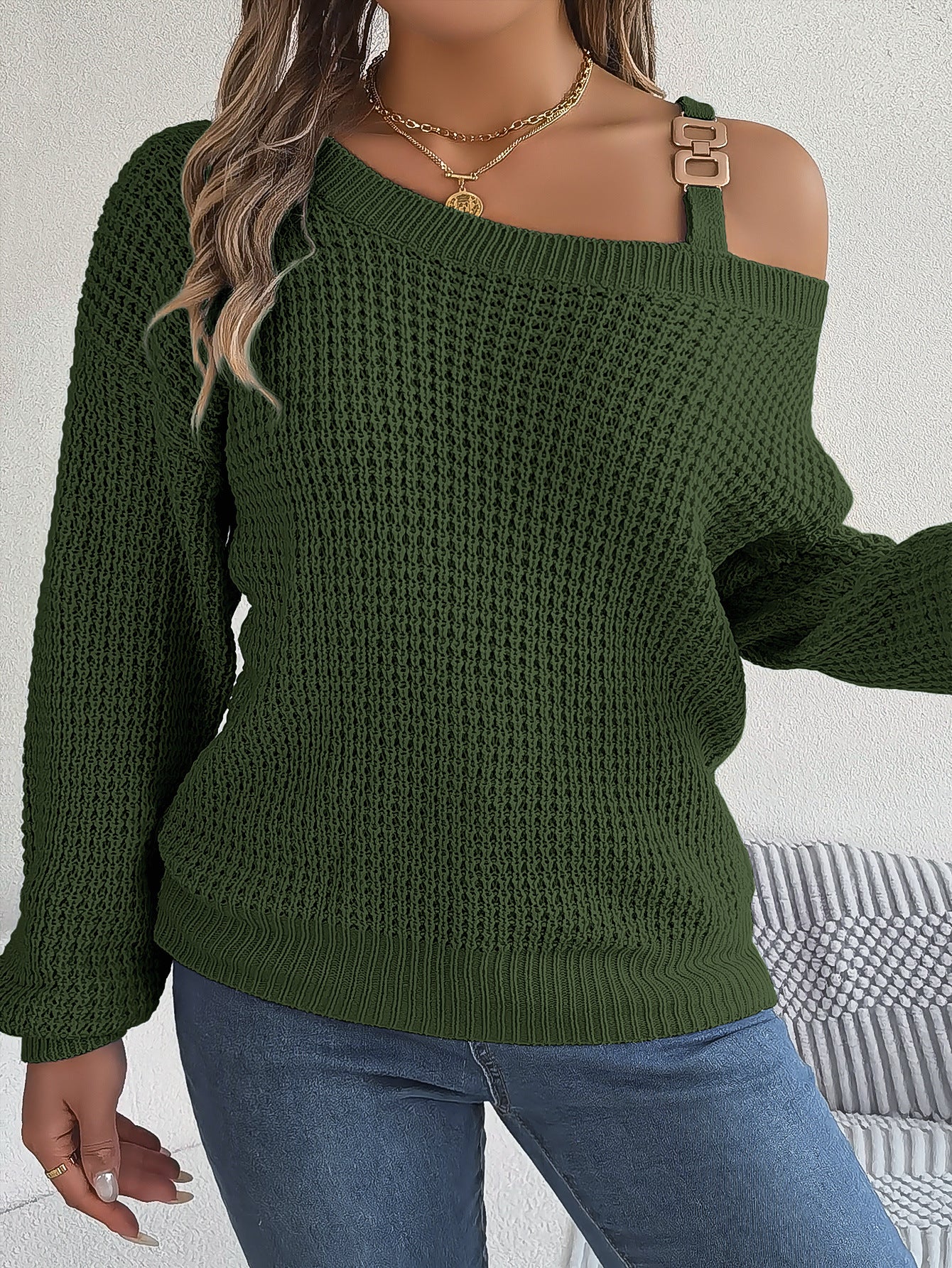 Autumn Winter Sexy Metal Buckle Off Shoulder Sweater Solid Color Slash Neck Lantern Long Sleeves Knitted Pullovers Women Clothes