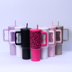 40oz Handle Leopard Print Cup 304 Stainless Steel Thermos Cup Portable Straw Car Cup Large Capacity Ice Cup
