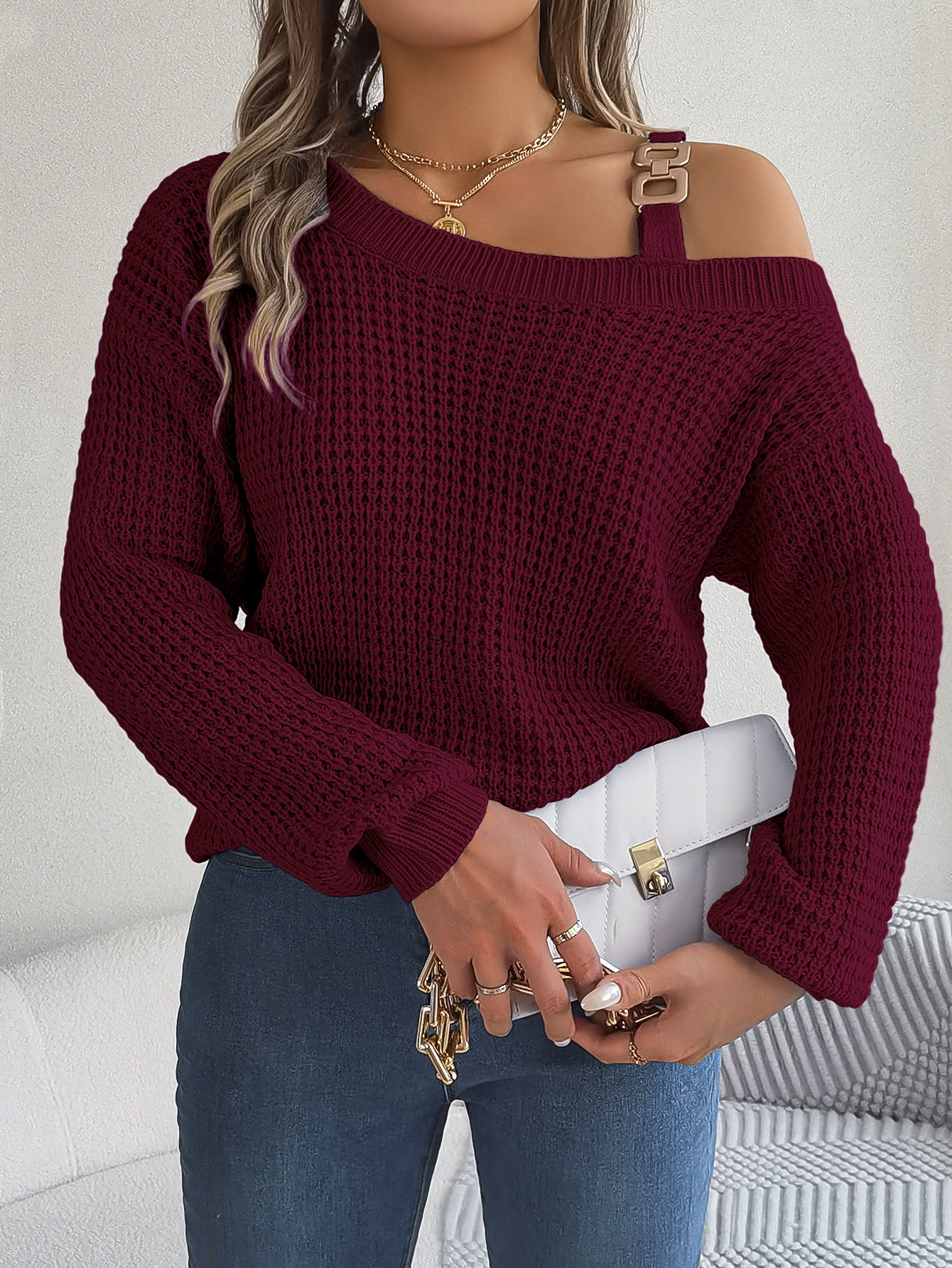 Autumn Winter Sexy Metal Buckle Off Shoulder Sweater Solid Color Slash Neck Lantern Long Sleeves Knitted Pullovers Women Clothes