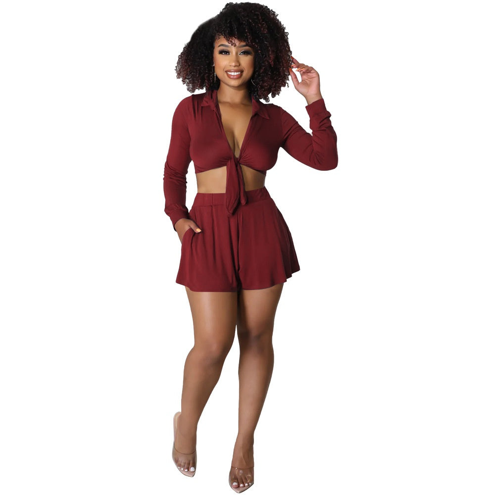 Long-Sleeve Tie-Front Crop Top and Skirt Set for Women
