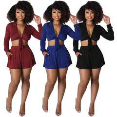 Long-Sleeve Tie-Front Crop Top and Skirt Set for Women