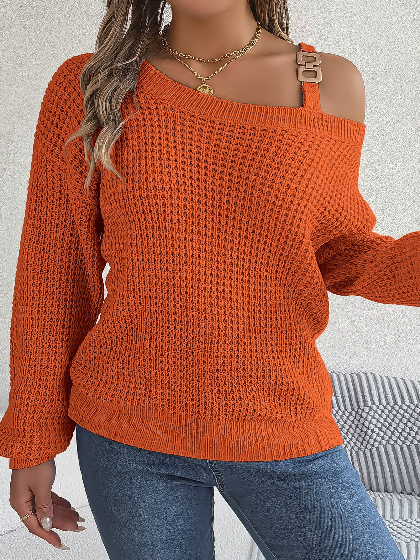 Autumn Winter Sexy Metal Buckle Off Shoulder Sweater Solid Color Slash Neck Lantern Long Sleeves Knitted Pullovers Women Clothes