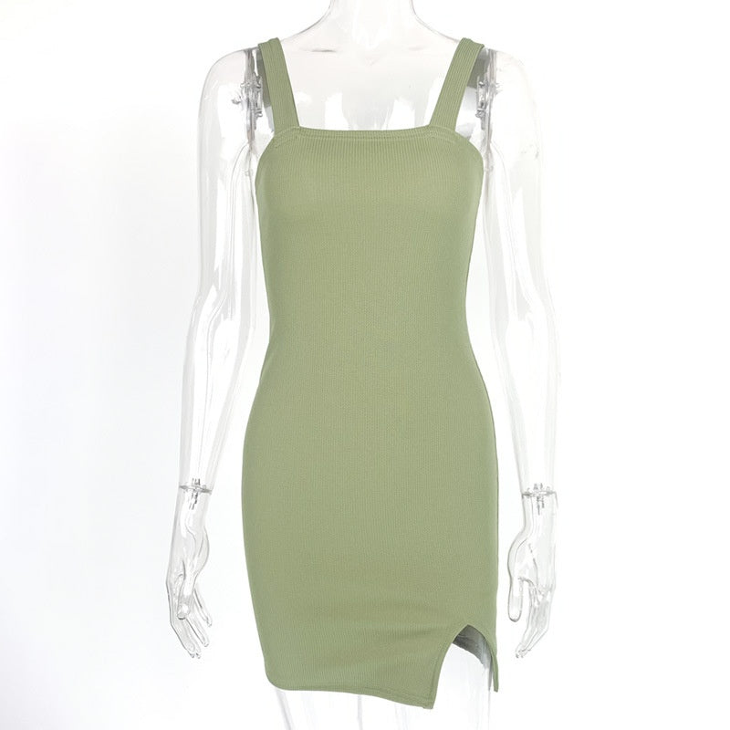 Summer Arrivals European And American Women's Simple Slim Suspender Skirt Sexy Slit Backless Dress