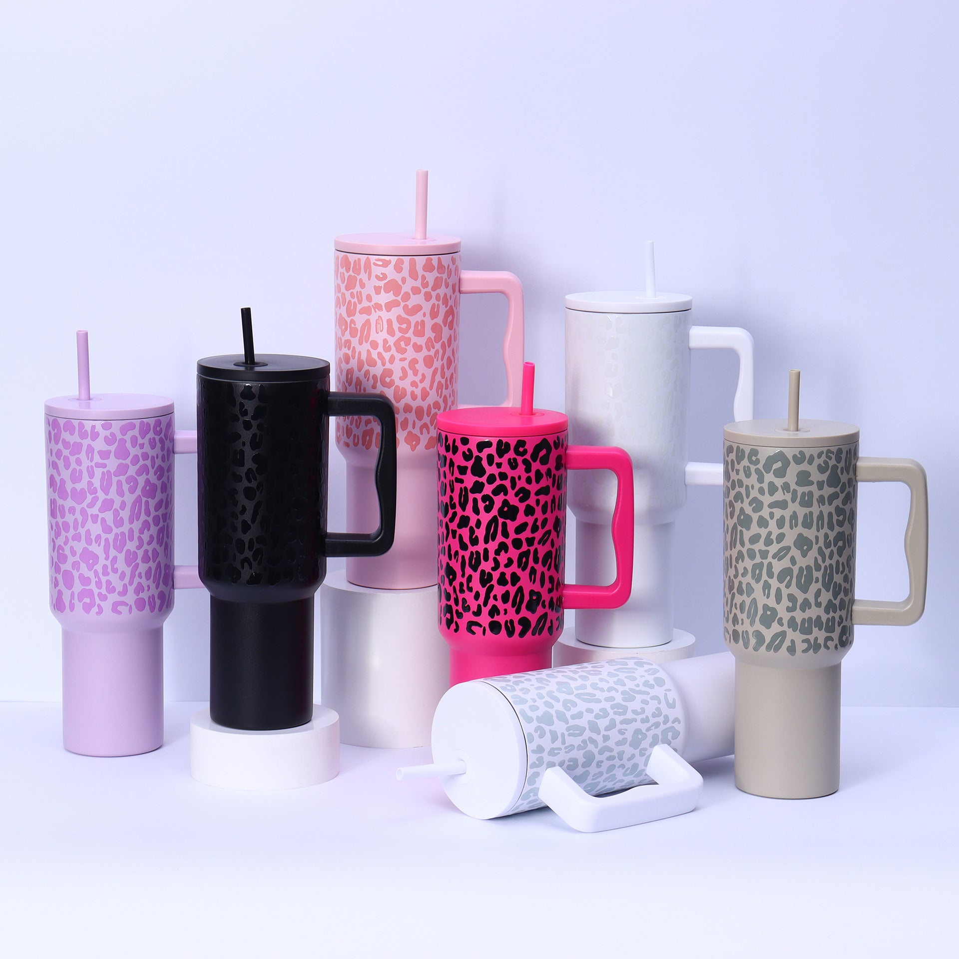 40oz Handle Leopard Print Cup 304 Stainless Steel Thermos Cup Portable Straw Car Cup Large Capacity Ice Cup