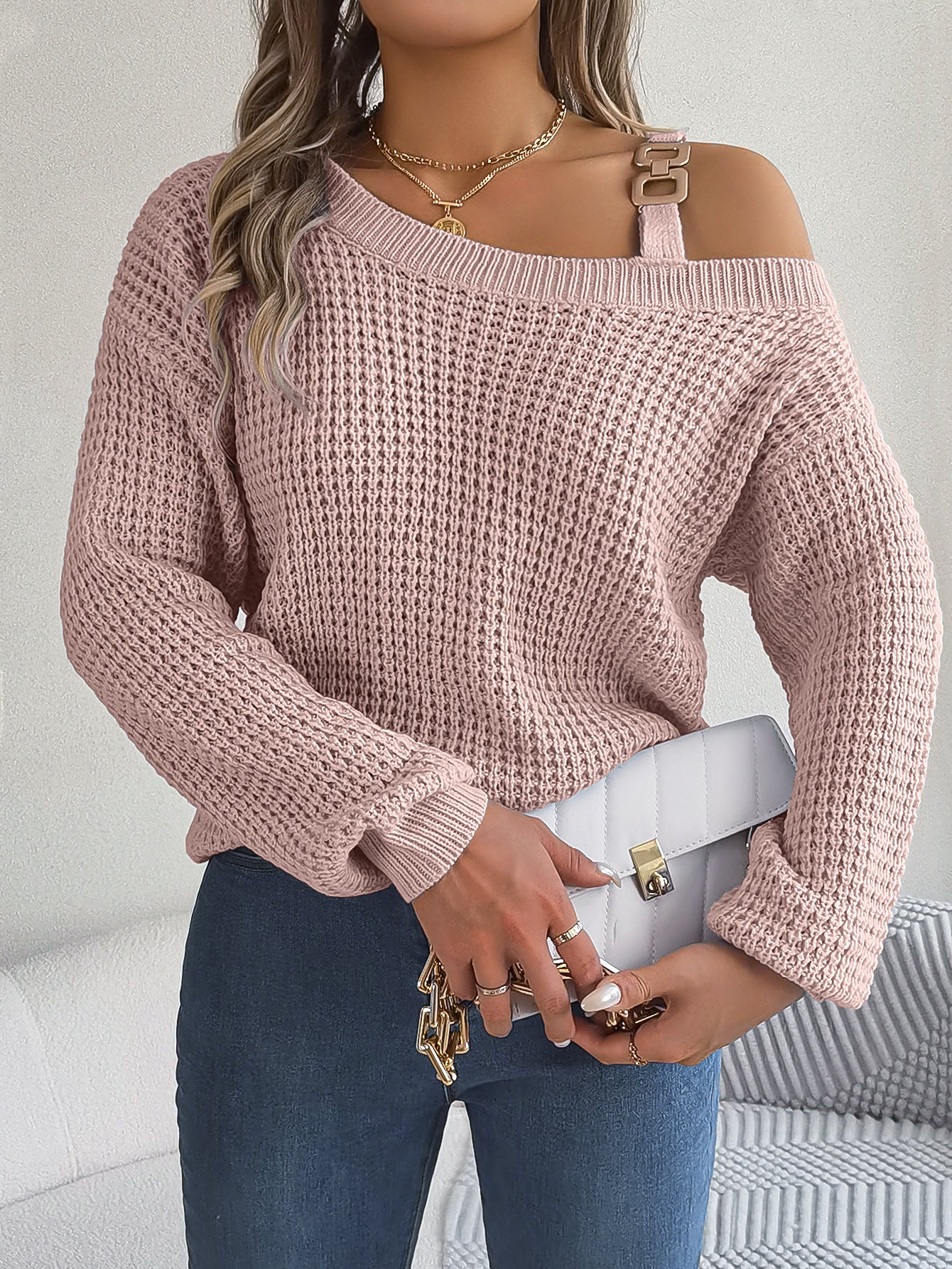 Autumn Winter Sexy Metal Buckle Off Shoulder Sweater Solid Color Slash Neck Lantern Long Sleeves Knitted Pullovers Women Clothes