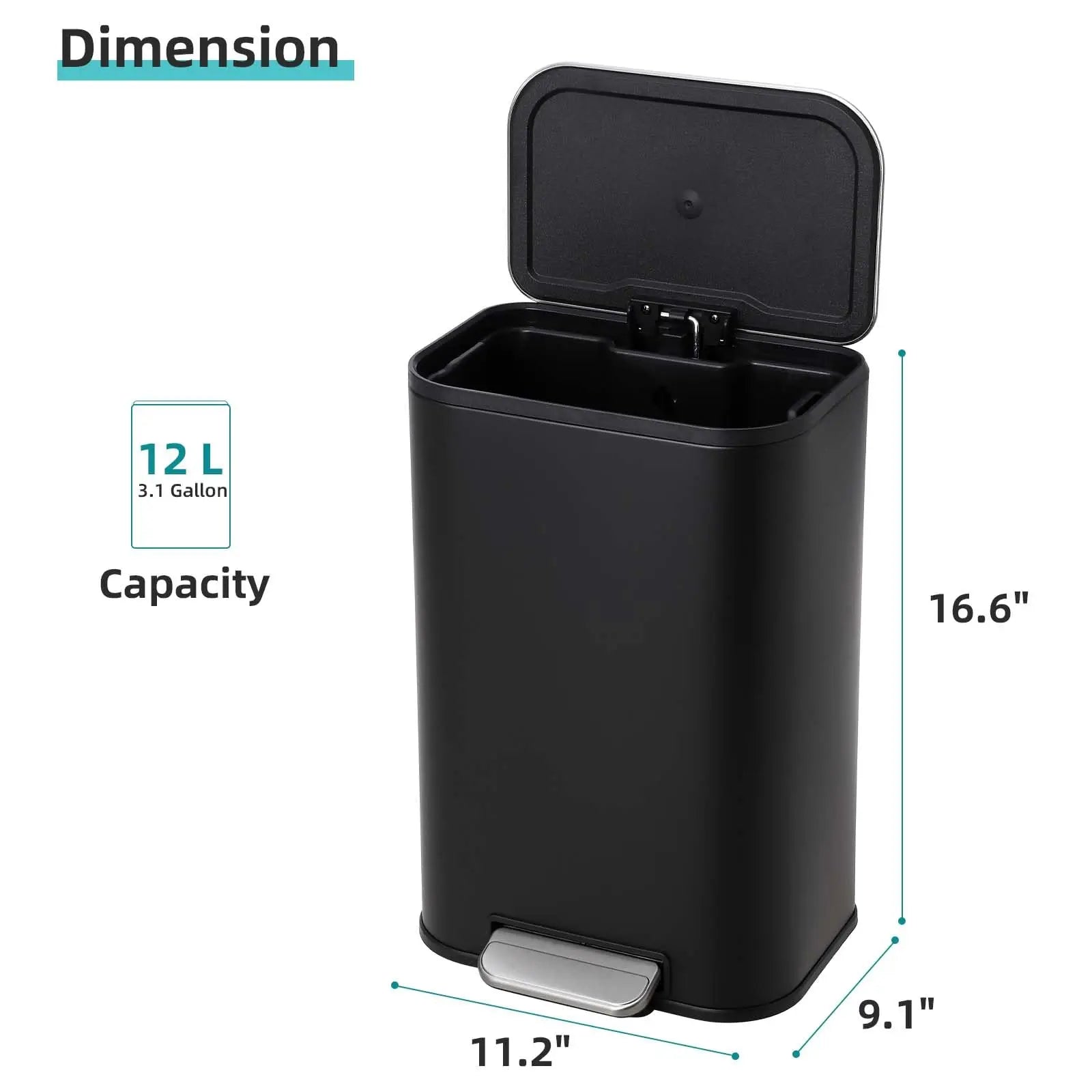 Bathroom Trash Can, 3.2 Gallon Stainless Steel Garbage Can with Lid, Rectangular Small Step Waste Bin with Foot Pedal Removable