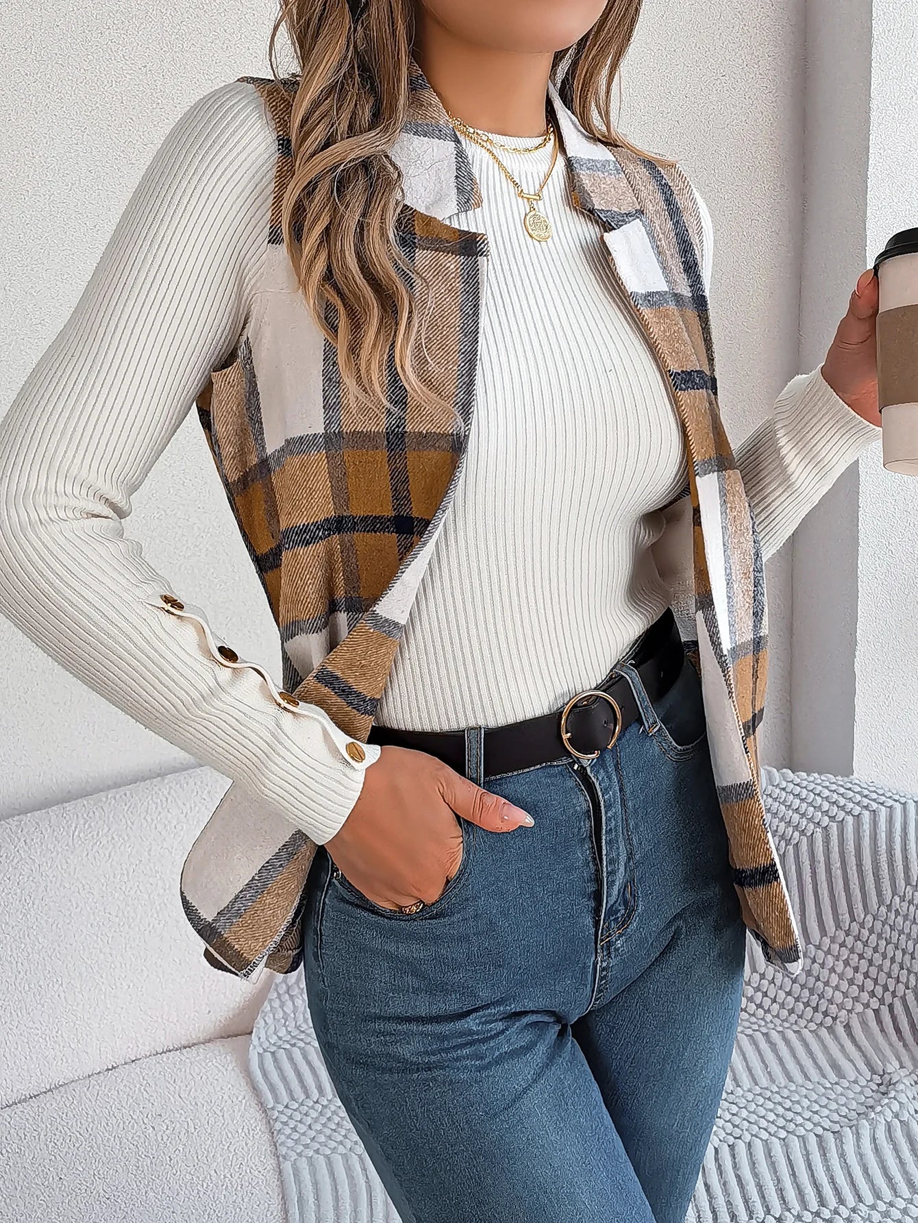 Autumn Winter Casual Plaid Sleeveless Woolen Jacket Vest Women Coats