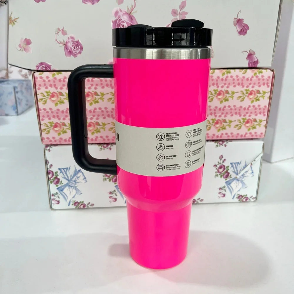 40oz Insulated Stainless Steel Cup with Handle and Straw | Travel Cup Holder | BPA Free