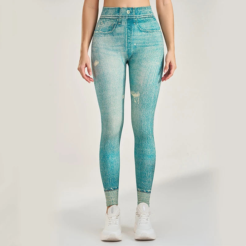Women High Waist Sport Leggings Denim Pattern Yoga Pants Hip lifting Running Trousers Girls Elastic Quick Dry Gym Fitness Tights