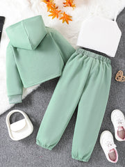 Three piece girls' love letter printed fleece hooded long sleeved sweatshirt and white camisole with printed fleece pants
