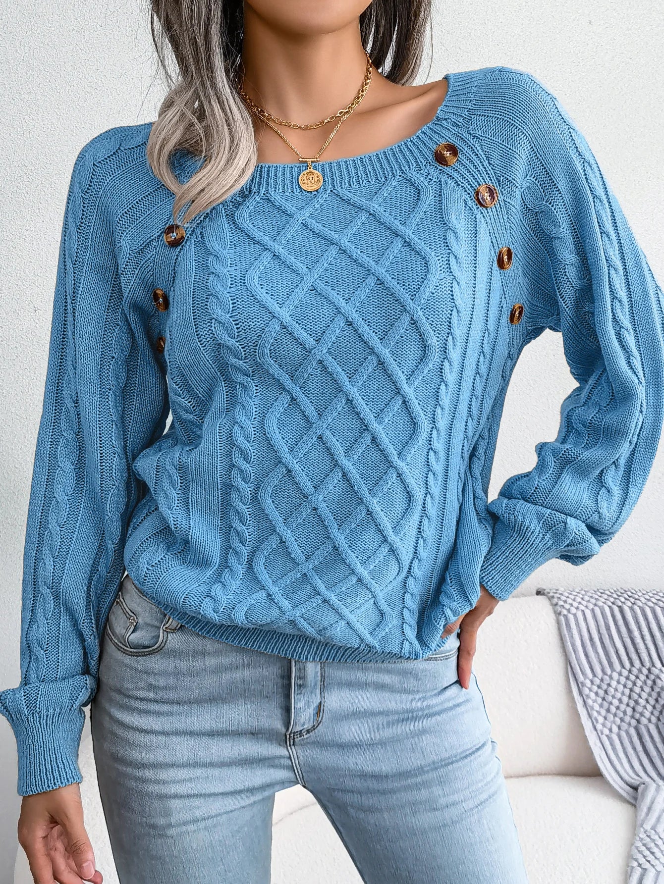 Women Casual Square Collar Buttons Long Sleeve Knitted Pullovers And Sweaters For Autumn Winter 2023