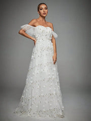 Mgiacy Line collar three-dimensional embroidery lace lace lace lace big swing wedding evening dress ball dress party dress