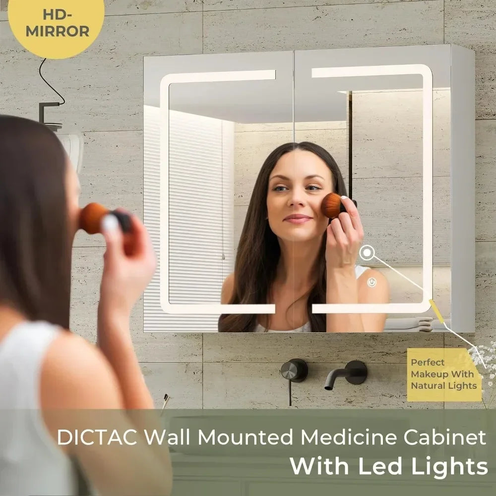 Bathroom Medicine Cabinet with Mirrors and Led Lights Double Doors Wall Mounted Mirror Cabinet
