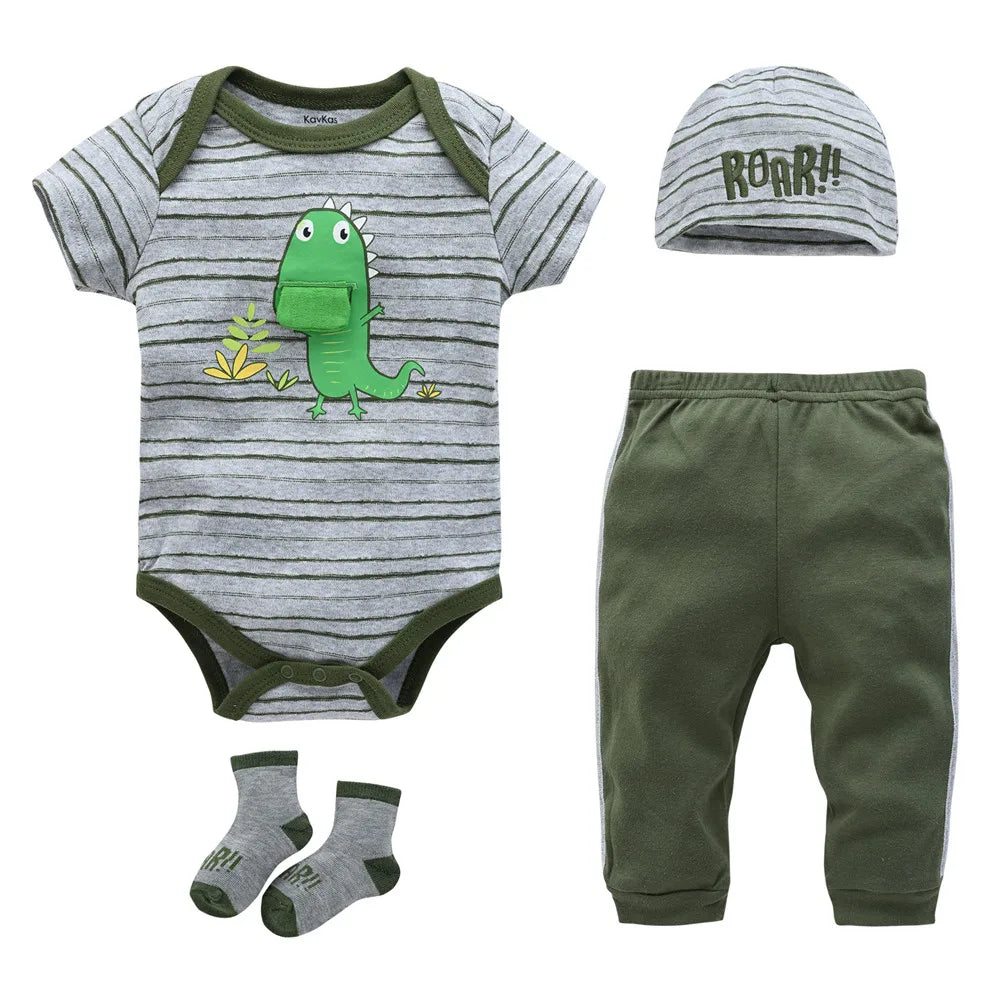 Newborn Baby Boy Clothes Set Green Dinosaur Romper + Hat + Pants + Shoes 4pcs Clothing Suit