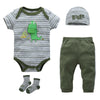 Newborn Baby Boy Clothes Set Green Dinosaur Romper + Hat + Pants + Shoes 4pcs Clothing Suit