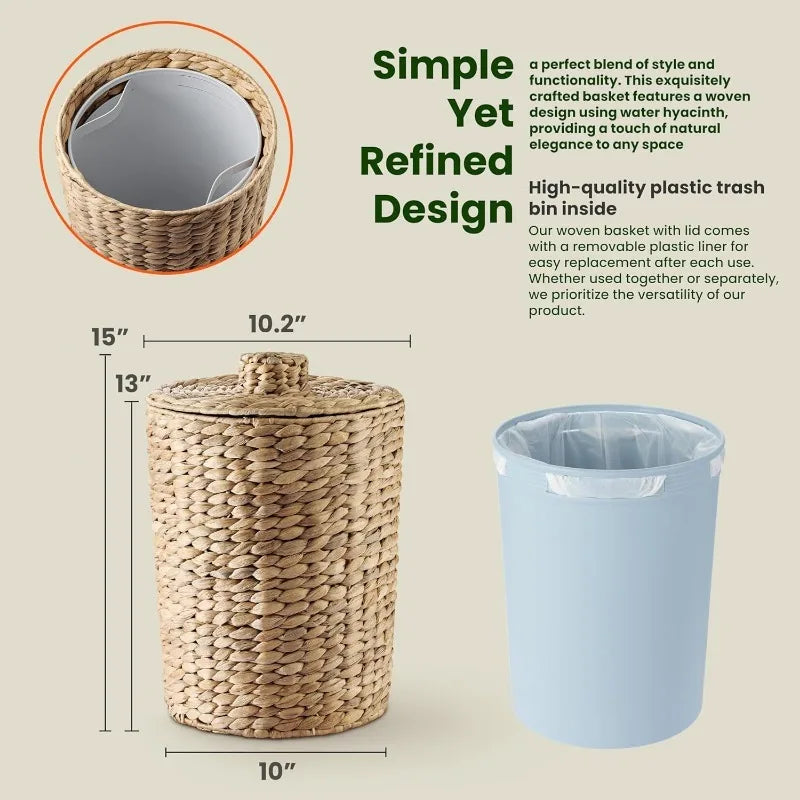 3 Gallons Wicker Woven Waste Basket with Lid  Handwoven