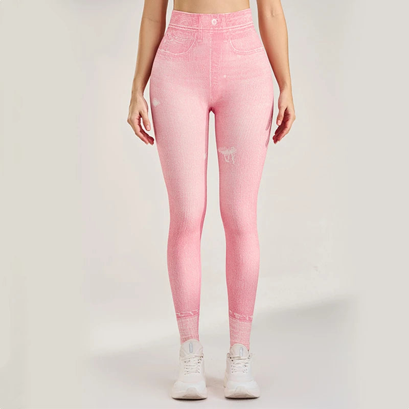 Women High Waist Sport Leggings Denim Pattern Yoga Pants Hip lifting Running Trousers Girls Elastic Quick Dry Gym Fitness Tights