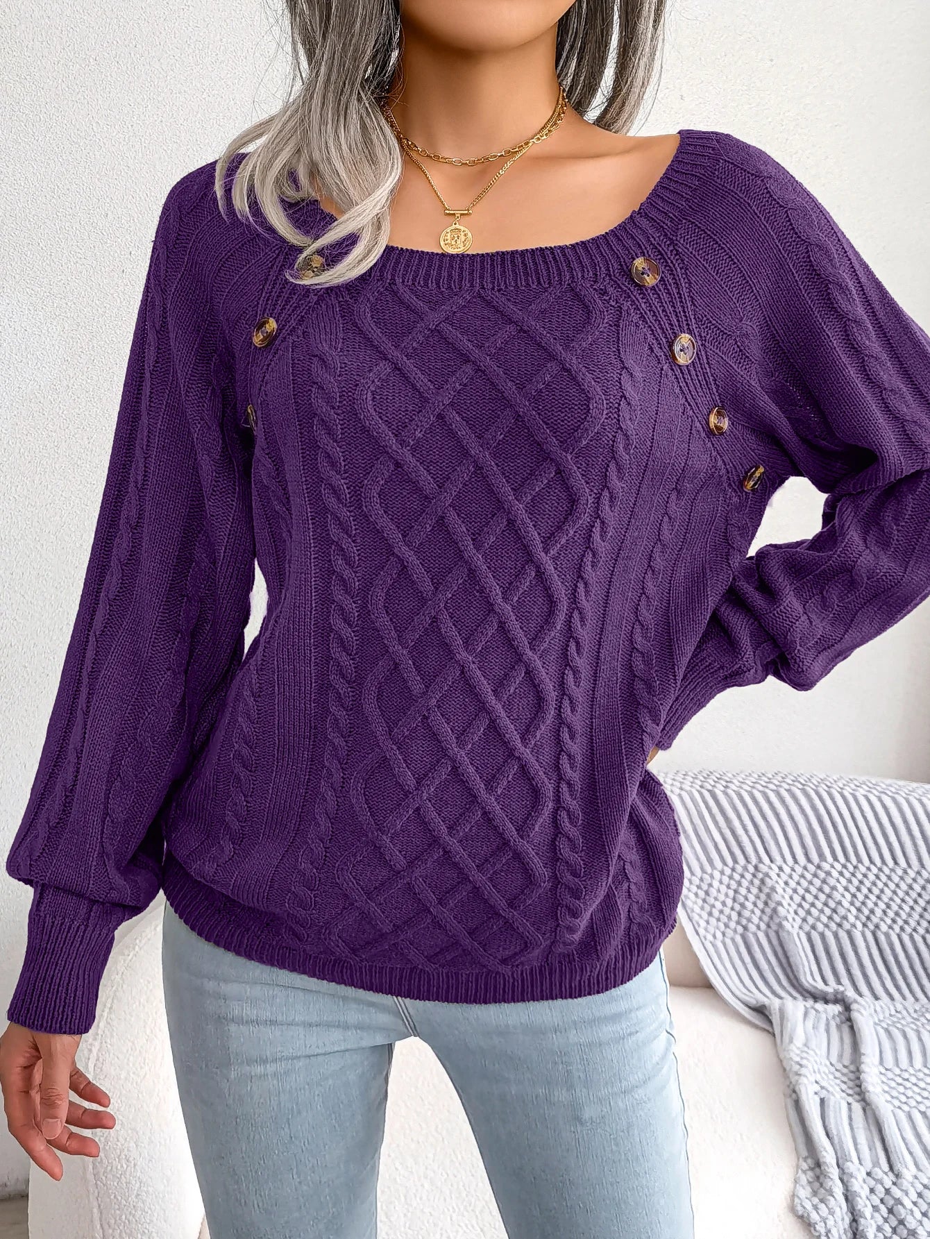 Women Casual Square Collar Buttons Long Sleeve Knitted Pullovers And Sweaters For Autumn Winter 2023