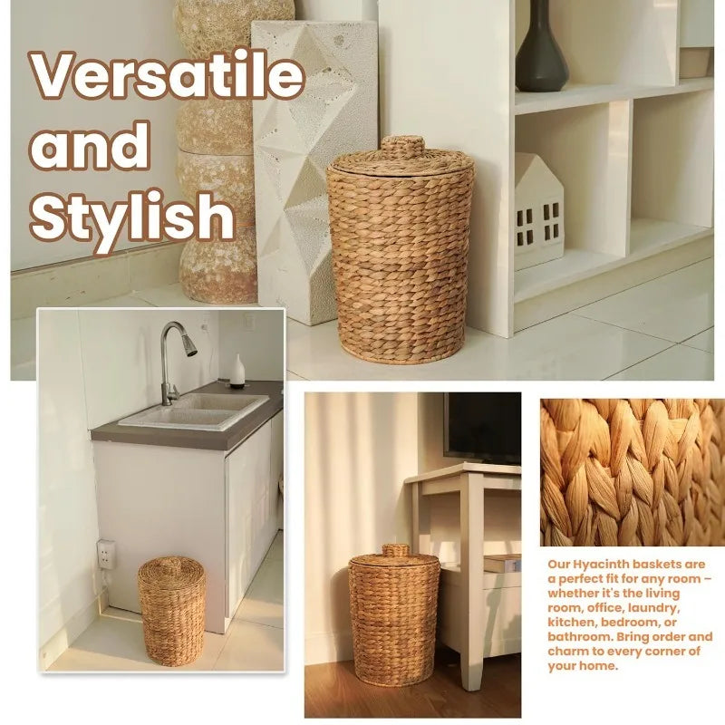 3 Gallons Wicker Woven Waste Basket with Lid  Handwoven