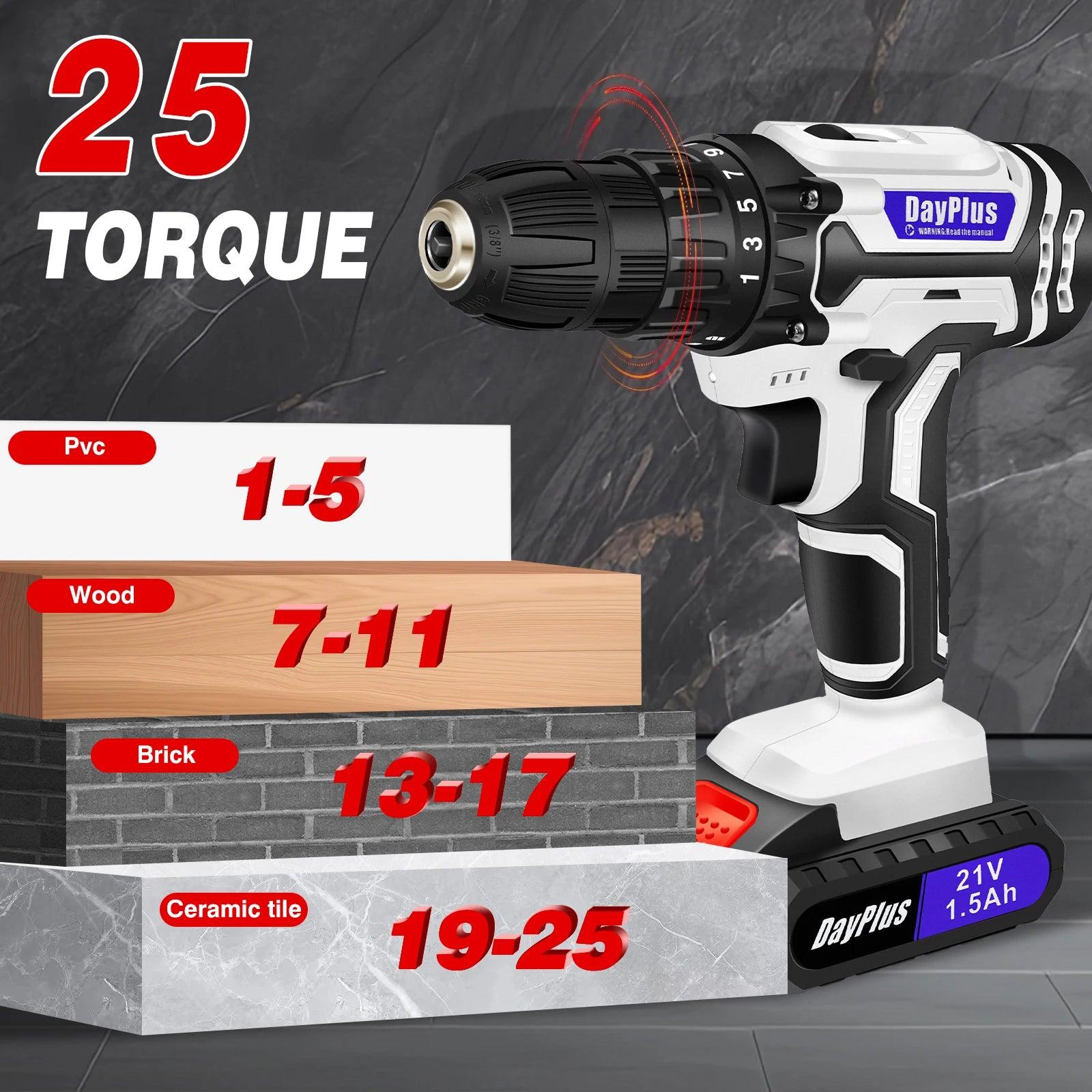 21V Portable Cordless Power Drill Set Impact Screw Driver with 1500mAh Li-Ion Rechargeable Battery 25+1 Torque Setting 45N.m - Jess Deals