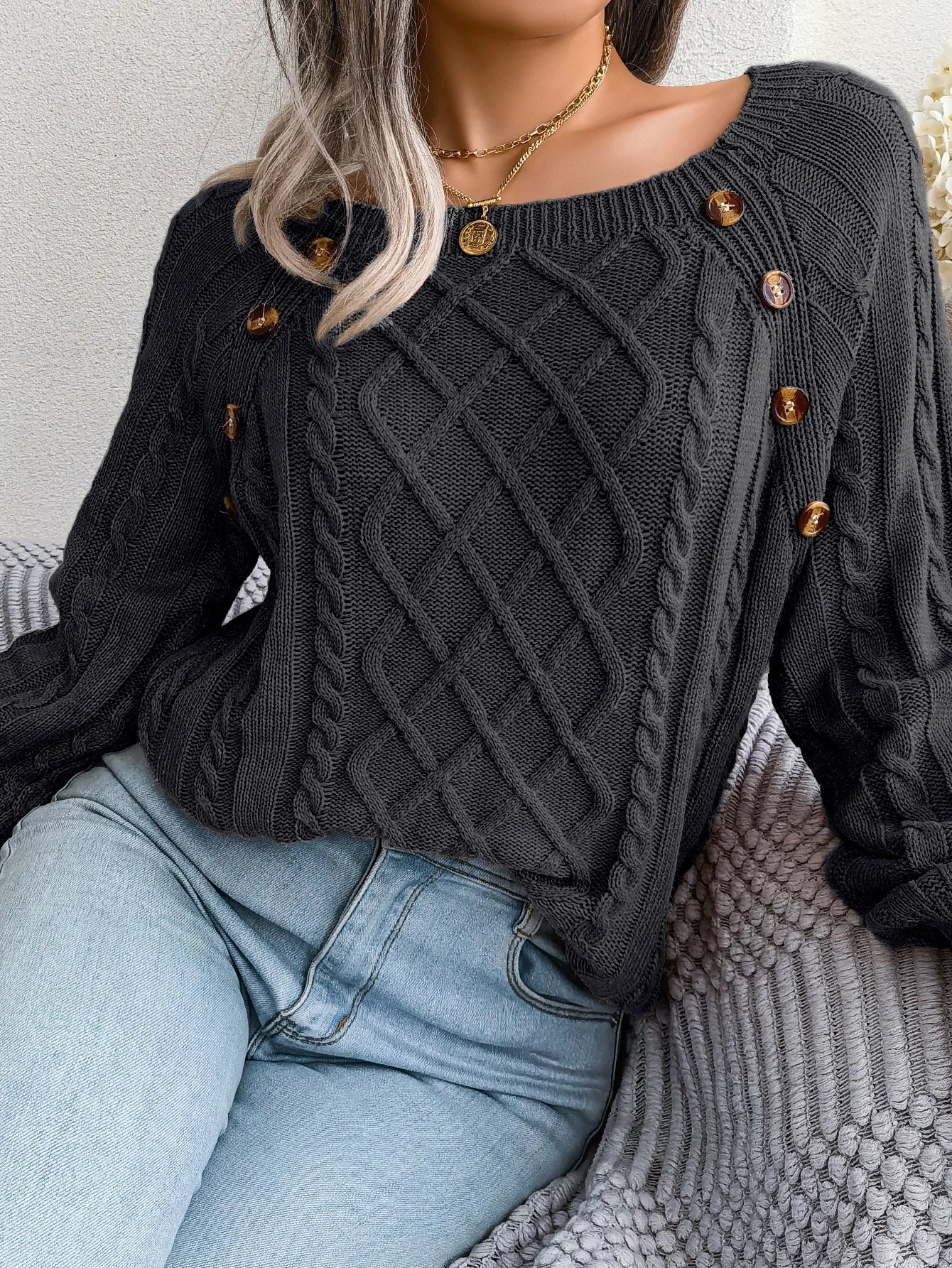 Women Casual Square Collar Buttons Long Sleeve Knitted Pullovers And Sweaters For Autumn Winter 2023