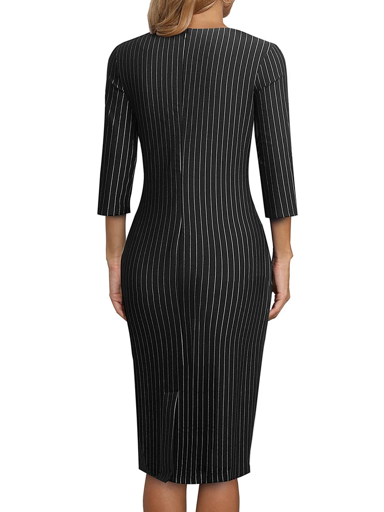Nice-forever Autumn Women Vintage Stripes Pattern Dresses Business Office Elegant Bodycon Sheath Dress B965