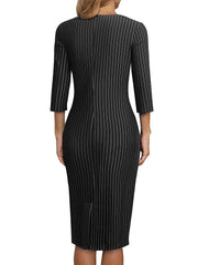 Nice-forever Autumn Women Vintage Stripes Pattern Dresses Business Office Elegant Bodycon Sheath Dress B965