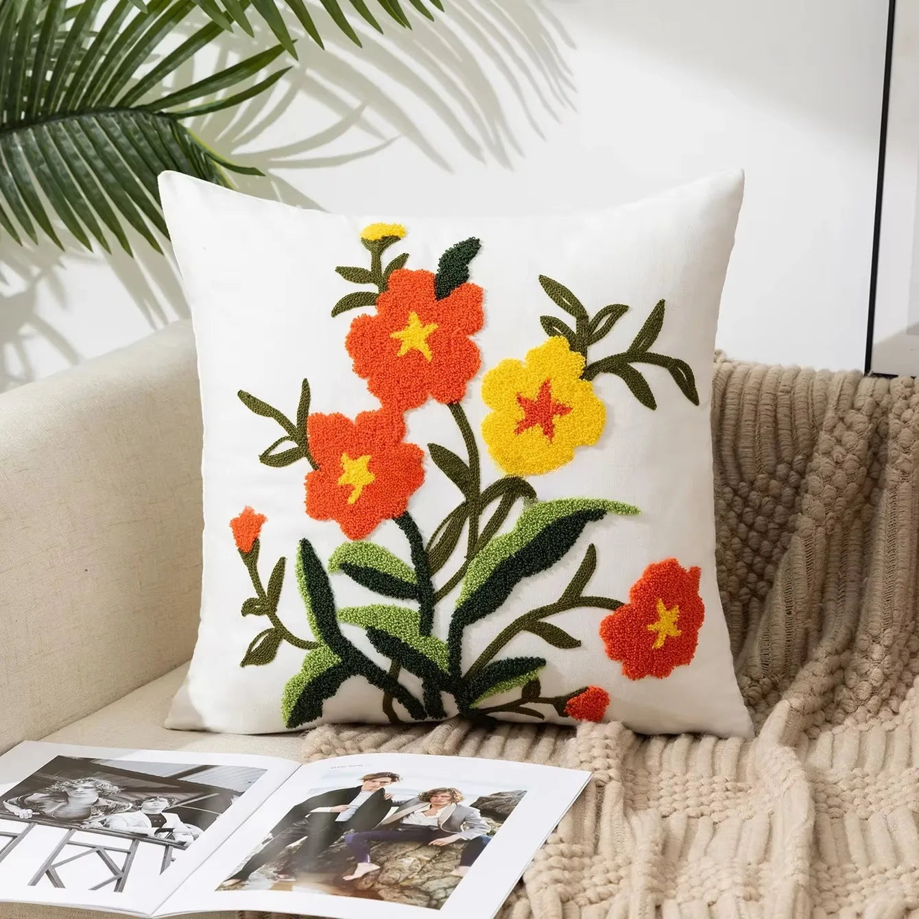 45X45CM Flower Embroidered Throw Pillow Cover Plant Towel Modern Stamping Waist Cushion Cover Decor Home Decorative Pillowcase