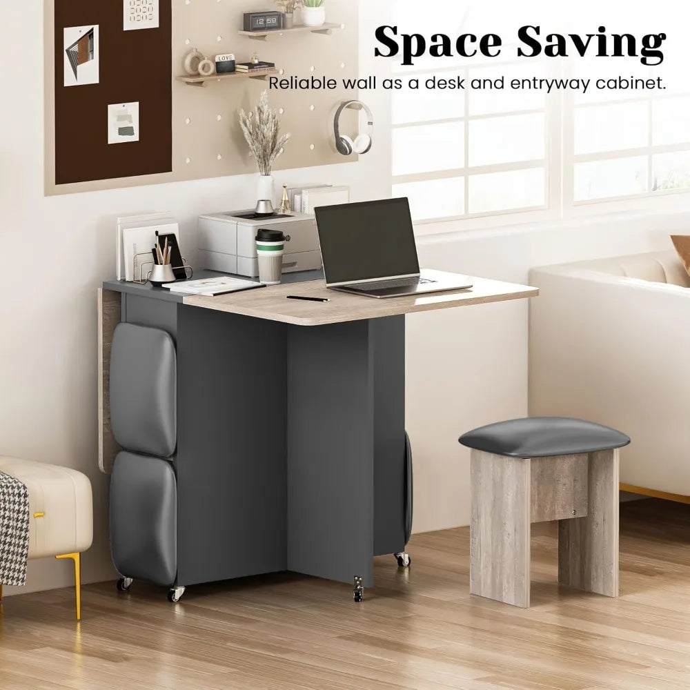 Folding Dining Table Set for 4, Dinner Table with 4 Leather Chairs and Shelves, Space Saving Foldable Dining Table with 6 Wheels