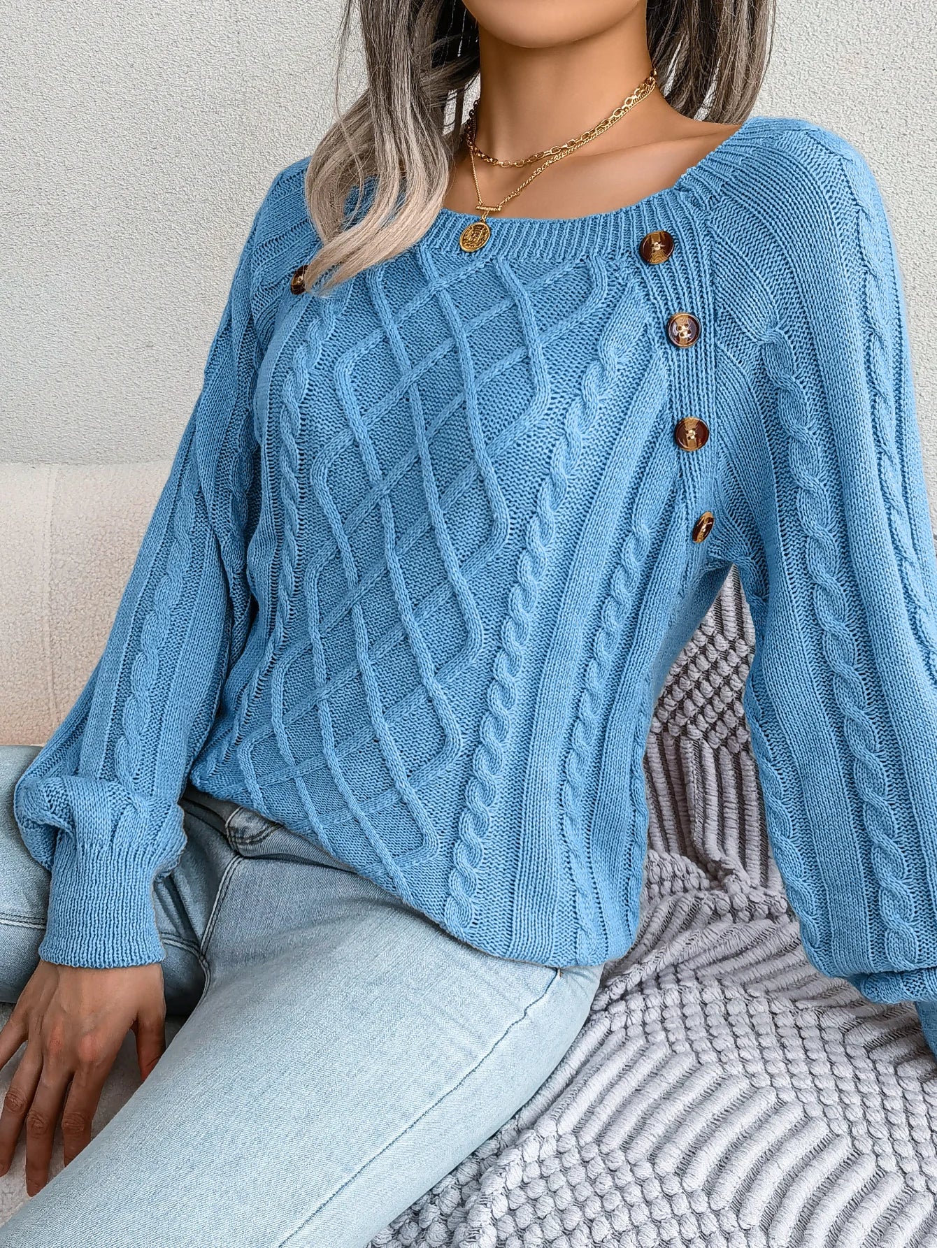 Women Casual Square Collar Buttons Long Sleeve Knitted Pullovers And Sweaters For Autumn Winter 2023