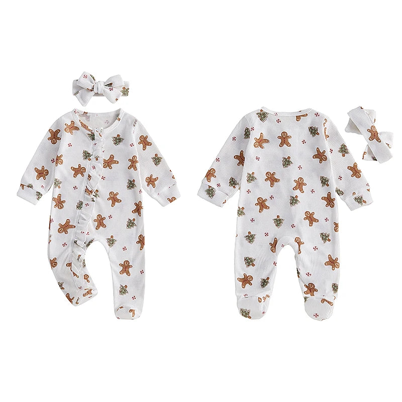 Baby Christmas Clothing Girls Casual Jumpsuit For Newborn Long Sleeve Gingerbread Print Ruffle Romper with Headband