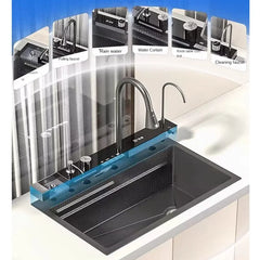 304 Stainless Steel Waterfall Kitchen Sink Large Single Slot Integrated Digital Display Faucet Set Soap Dispenser Cup Washer