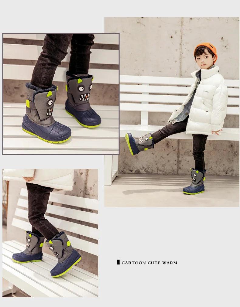 Winter Children Snow Boots Boys Girls Warm Waterproof Ski Boots Baby Cute Cartoon Dinosaur Print High Boots - Jess Deals