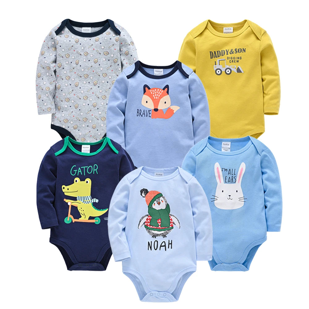 KAVKAS Baby Boy Clothes 6 Pcs/Lot Long Sleeve roupa bebes Bodysuit 0-24 Months Cartoon Print Newborn Cotton Jumpsuit