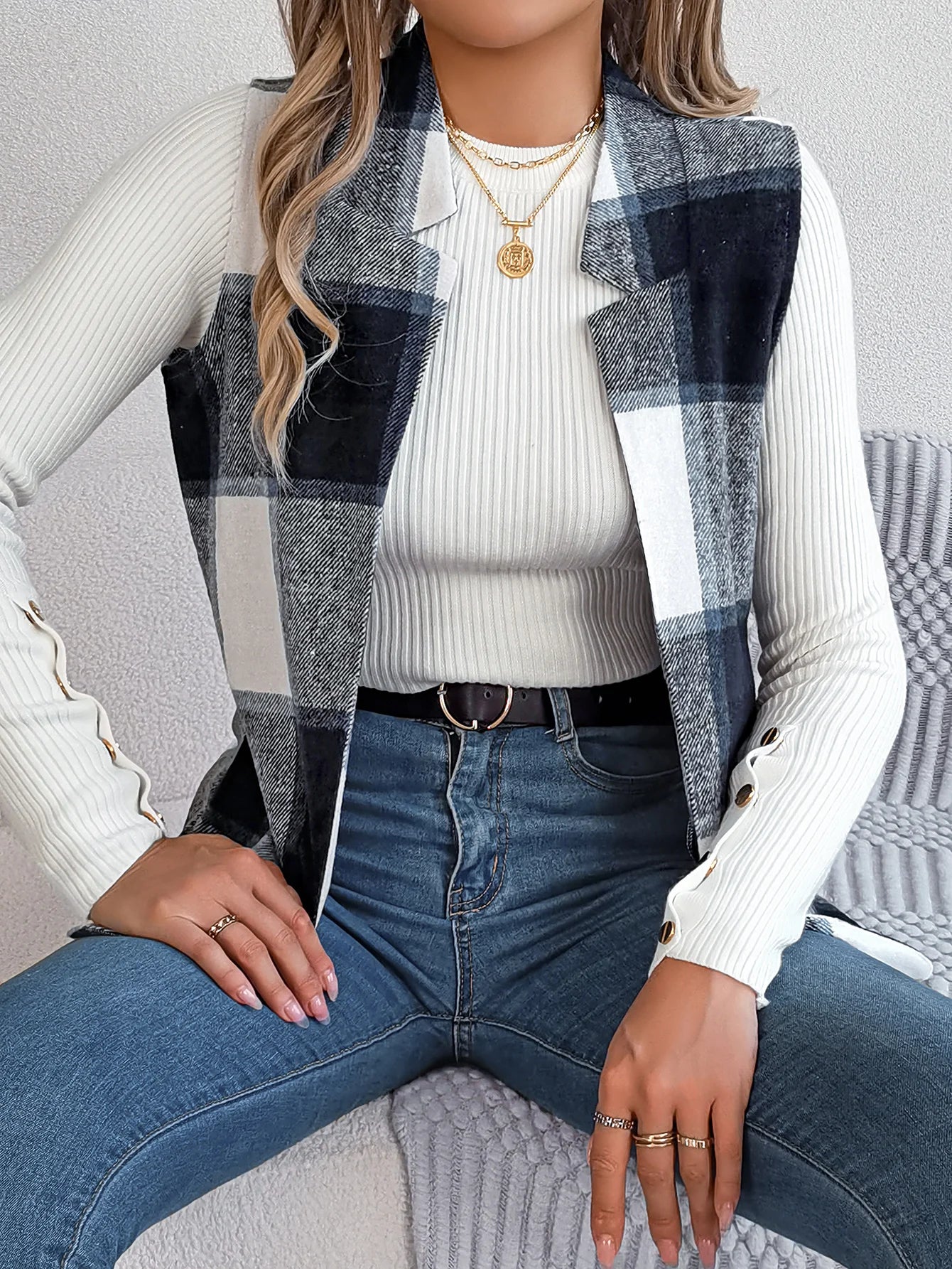 Autumn Winter Casual Plaid Sleeveless Woolen Jacket Vest Women Coats