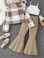 Children's Autumn Girls' Fashion Set 3-piece Fleece Checkered Coat+White Strap Bottom Shirt+Slimming Fishtail Pants