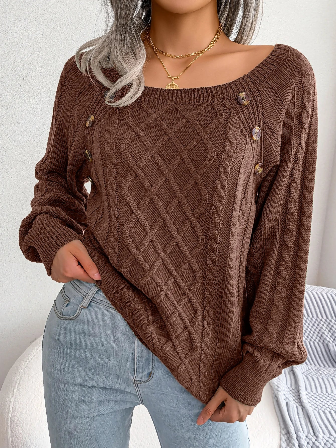 Women Casual Square Collar Buttons Long Sleeve Knitted Pullovers And Sweaters For Autumn Winter 2023