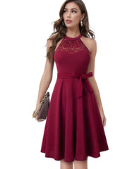 Nice-forever Summer Women Elegant Lace Patchwork with Sash Dresses Cocktail Wedding Party Vintage Flare Dress A283