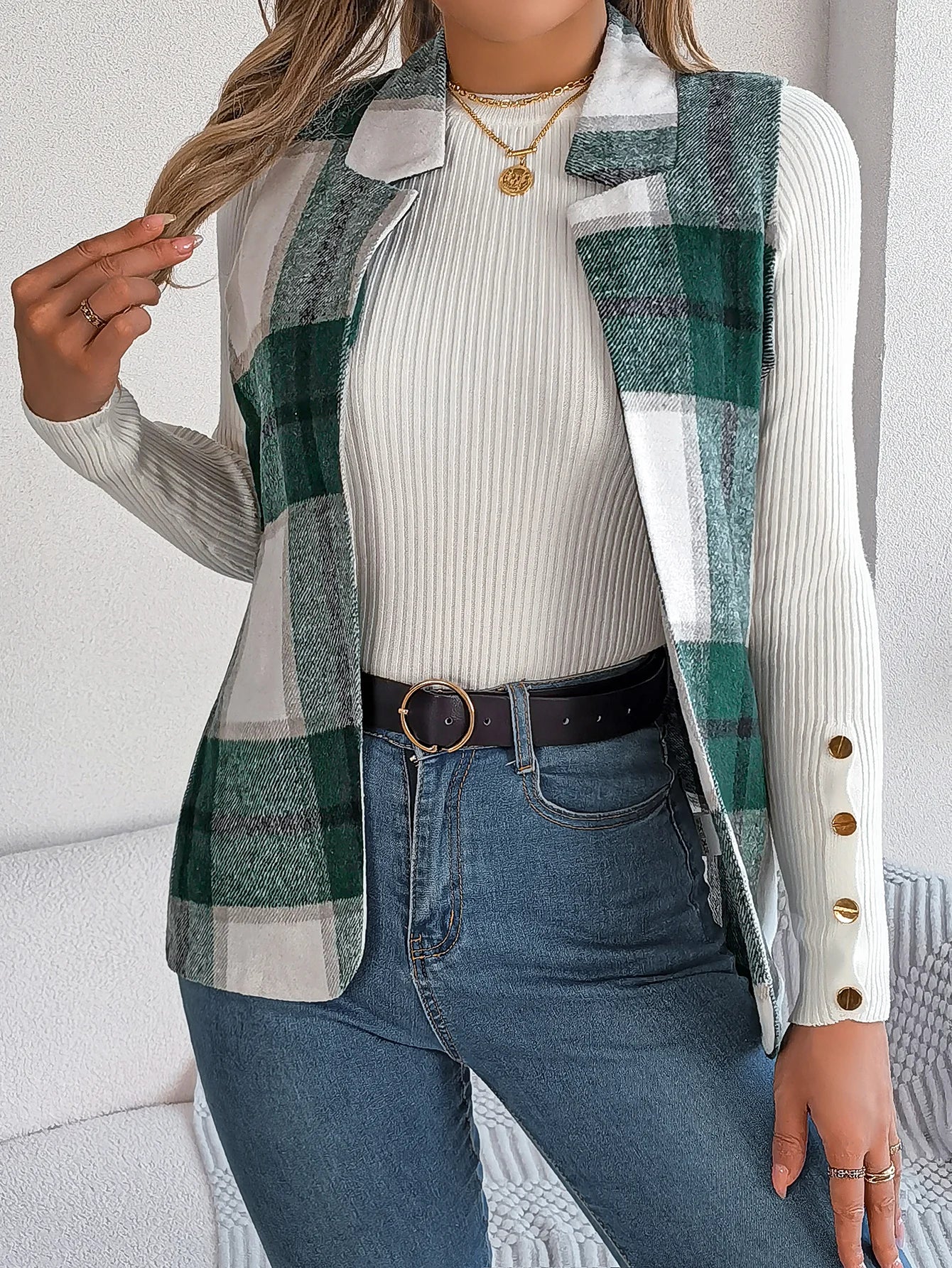 Autumn Winter Casual Plaid Sleeveless Woolen Jacket Vest Women Coats