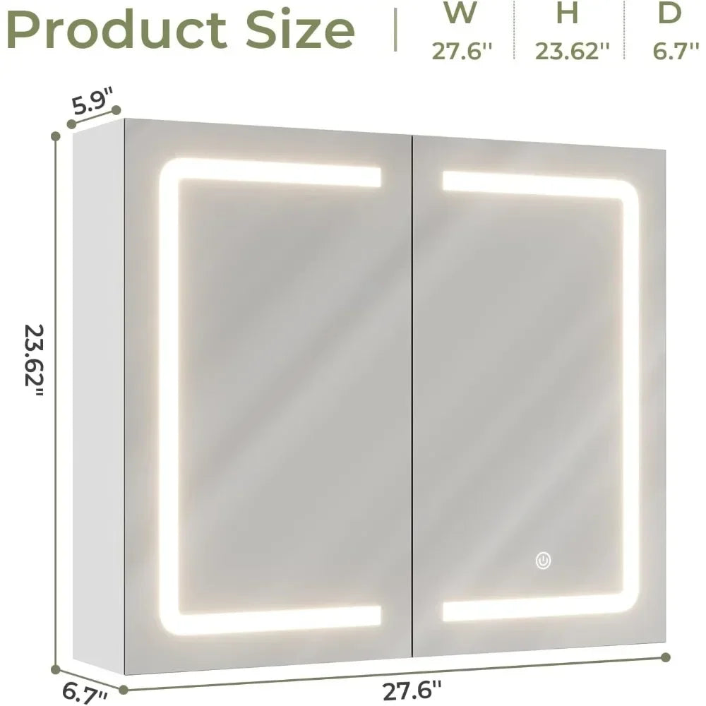 Bathroom Medicine Cabinet with Mirrors and Led Lights Double Doors Wall Mounted Mirror Cabinet