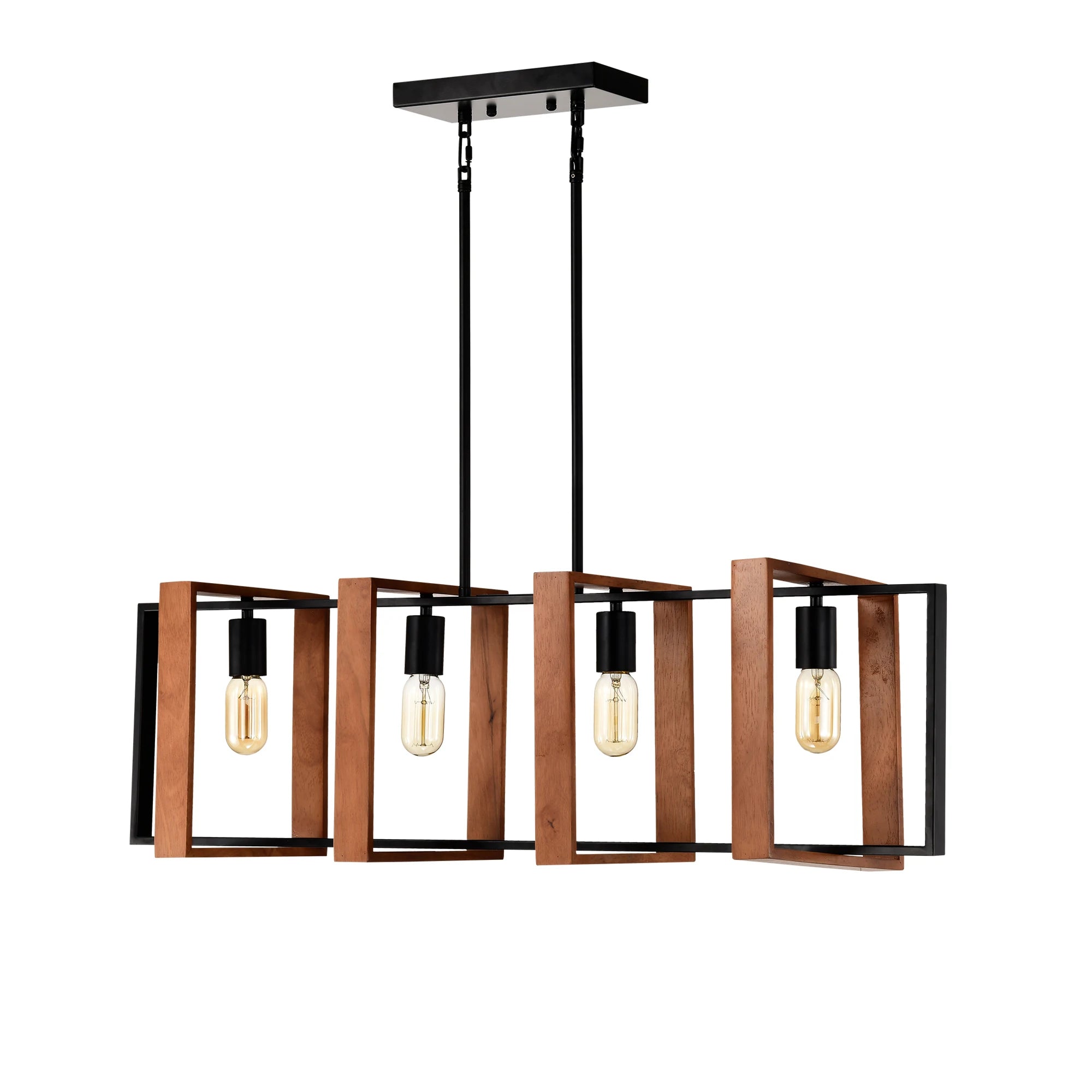 4-Light Kitchen Island Lights Pendant Light Farmhouse Dining Room Light Fixture, Rustic Wood and Black Metal Rectangular Chandel