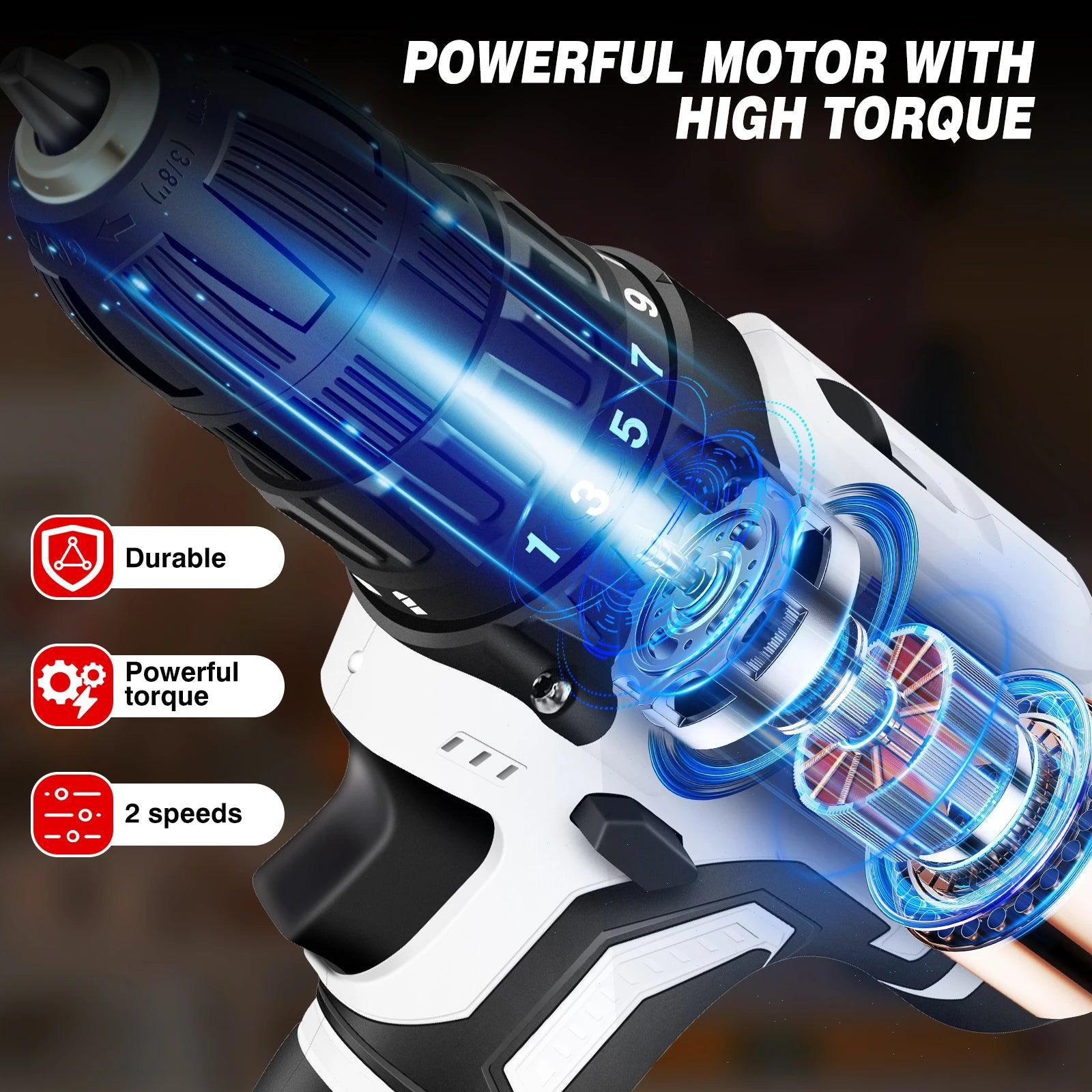 21V Portable Cordless Power Drill Set Impact Screw Driver with 1500mAh Li-Ion Rechargeable Battery 25+1 Torque Setting 45N.m - Jess Deals