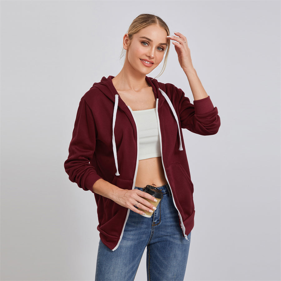 wsevypo Autumn Casual Sporty Hoodies Women's Long Sleeve Zip-up Hooded Sweatshirts with Front Pockets Street Workout Outwear