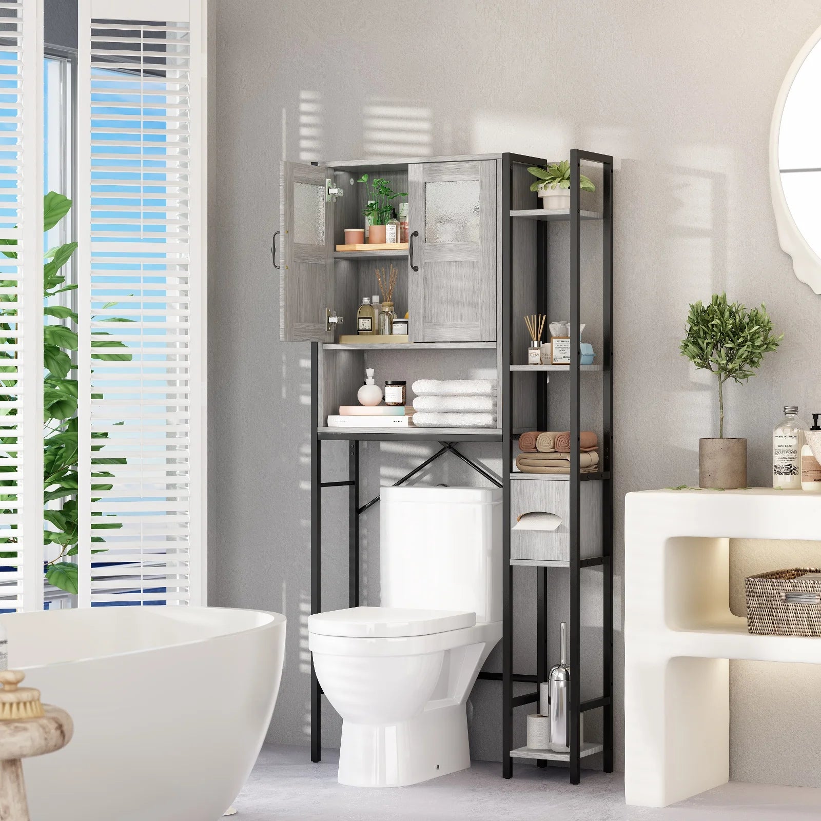 Over The Toilet Cabinet, Bathroom Storage Organizer 64.6 inch Tall Toilet Rack w/ Adjustable Open Shelves & Double Doors