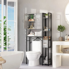 Over The Toilet Cabinet, Bathroom Storage Organizer 64.6 inch Tall Toilet Rack w/ Adjustable Open Shelves & Double Doors