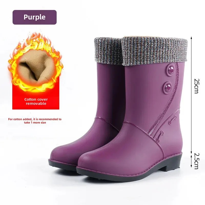 Outdoor Fashion Mid Tube Low Heel Women's Rain Boots Four Seasons Waterproof Car Wash Non-slip Kitchen Work Boots